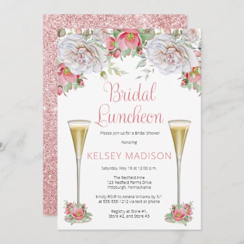 Pink White Rose Floral Blooms Bridal Luncheon Invitation