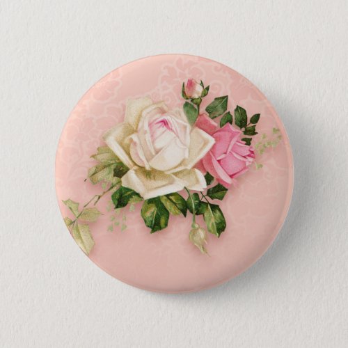 Pink  White Rose Floral Bouquet Button