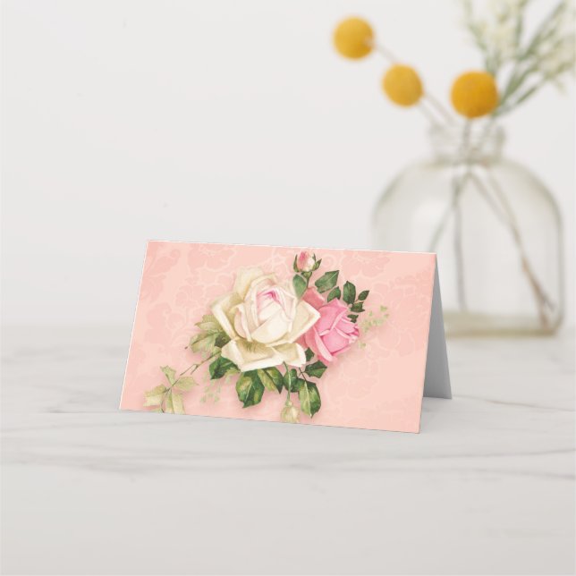 Pink & White Rose Floral Bouquet Place Card (Front)