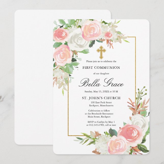 Pink White Rose Floral First Holy Communion  Invit Invitation (Front/Back)