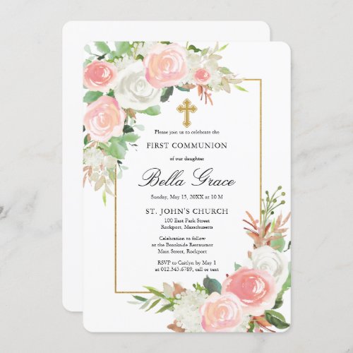 Pink White Rose Floral First Holy Communion  Invit Invitation
