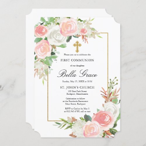 Pink White Rose Floral First Holy Communion Invitation