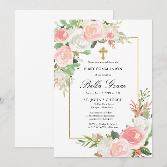 Pink White Rose Floral First Holy Communion Invitation (Front/Back)