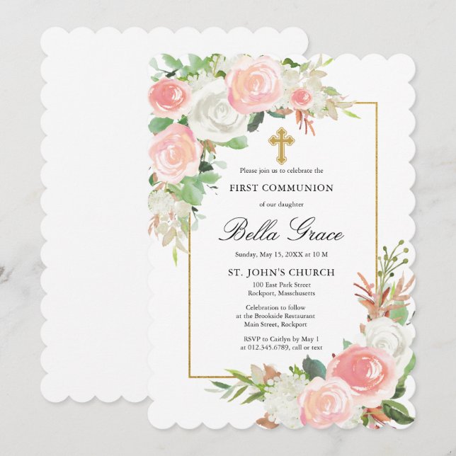 Pink White Rose Floral First Holy Communion Invitation (Front/Back)