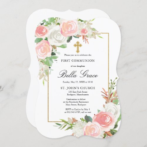 Pink White Rose Floral First Holy Communion Invitation