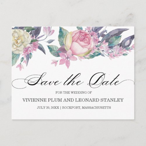 Pink White Rose Floral Save the Date Postcard
