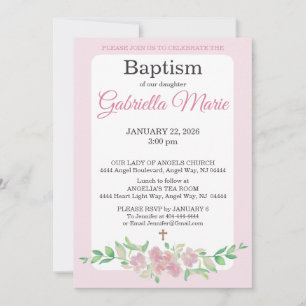 Pink White Rose Floral Watercolor Cross Baptism Invitation