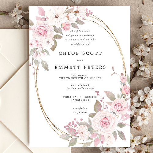 Pink White Rose Floral Waterolor Wedding Invitation