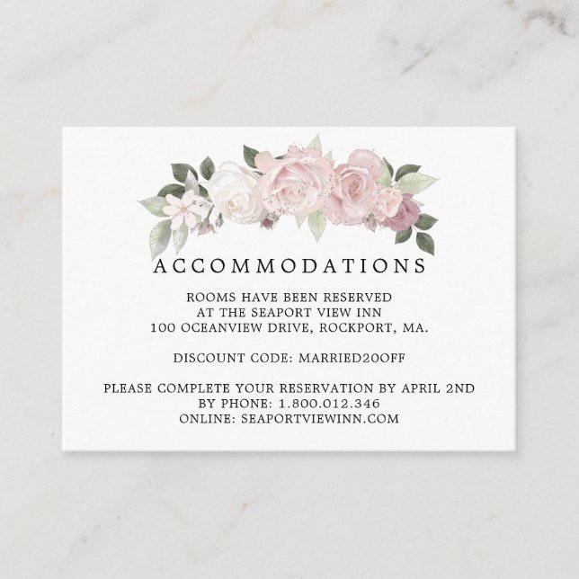 Pink White Rose Floral Wedding Accommodation Enclosure Card (Front)