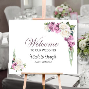 Pink White Rose Floral Wedding Welcome Sign