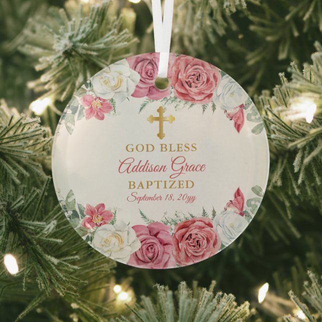 Pink | White Rose Garden Floral Girl Baptism  Glass Ornament (Insitu)