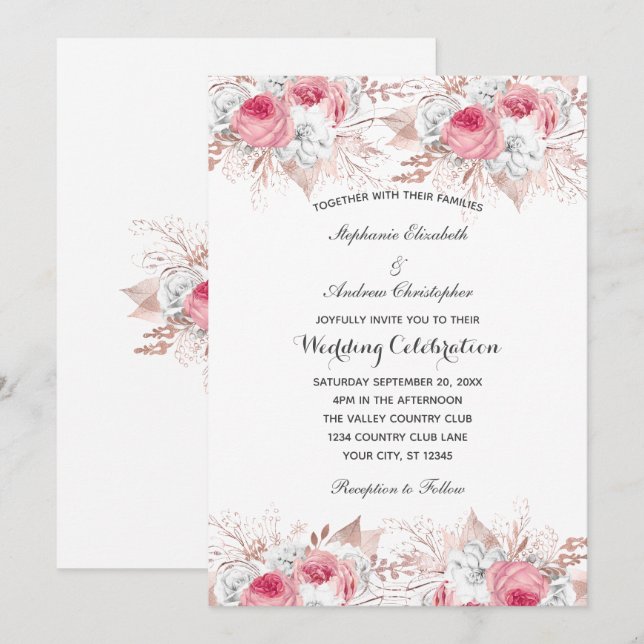 Pink White Rose Gold Floral Botanical Wedding  Invitation (Front/Back)