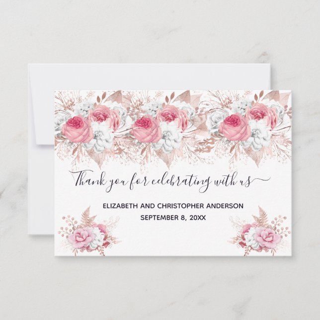 Pink White Rose Gold Floral Calligraphy Wedding  Thank You Card (Front)