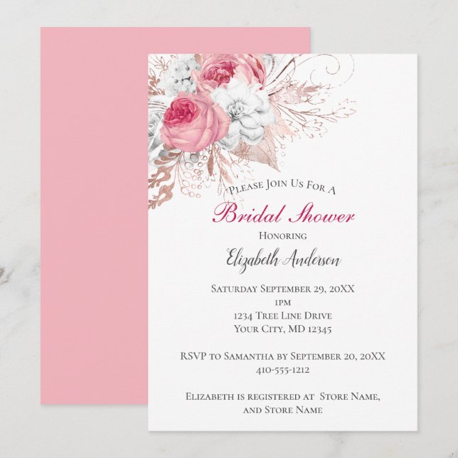 Pink White Rose Gold Floral Trendy Bridal Shower  Invitation (Front/Back)