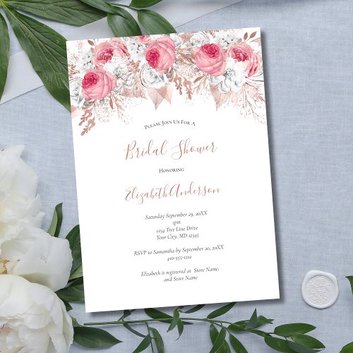 Pink White Rose Gold Floral Trendy Bridal Shower  Invitation