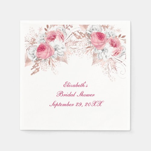 Pink White Rose Gold Floral Trendy Bridal Shower Napkins