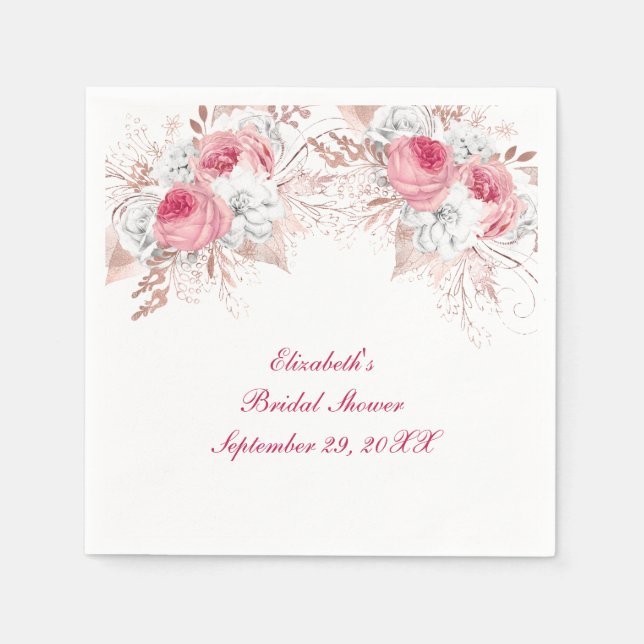 Pink White Rose Gold Floral Trendy Bridal Shower Napkins (Front)