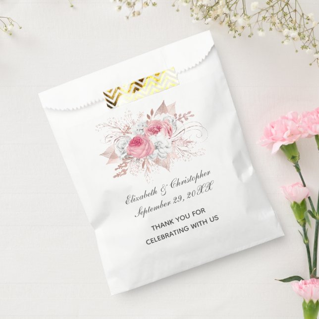 Pink White Rose Gold Floral Trendy Wedding  Favor Bag (Sealed)