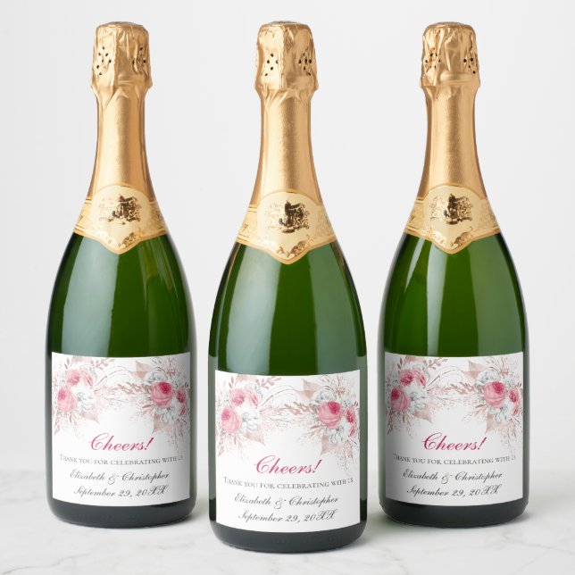 Pink White Rose Gold Floral Trendy Wedding  Sparkling Wine Label (Bottles)