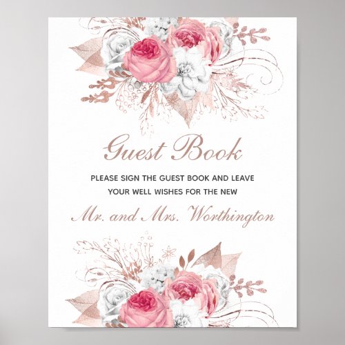 Pink White Rose Gold Floral Wedding Guest Book