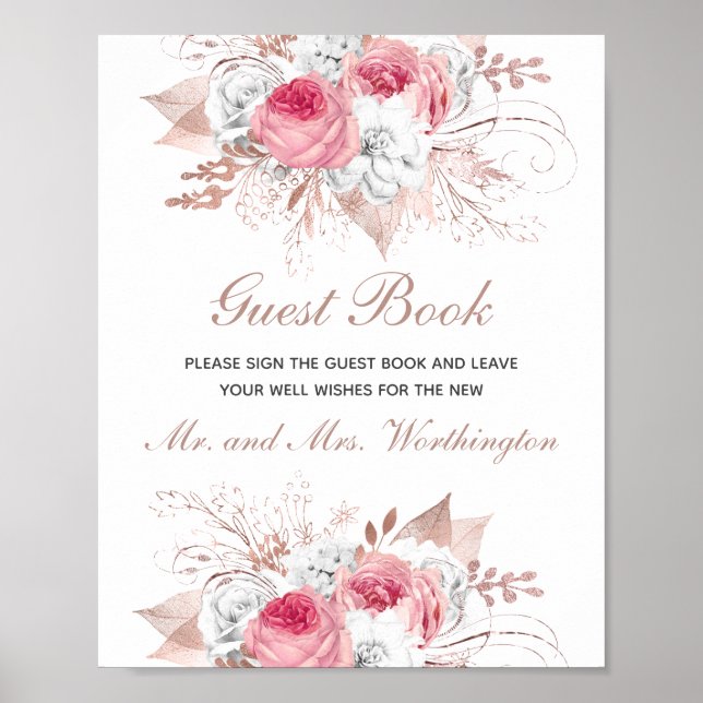 Pink White Rose Gold Floral Wedding Guest Book (Front)
