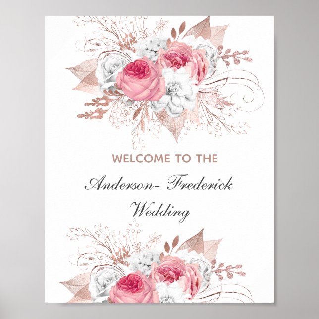 Pink White Rose Gold Floral Wedding Welcome Sign (Front)