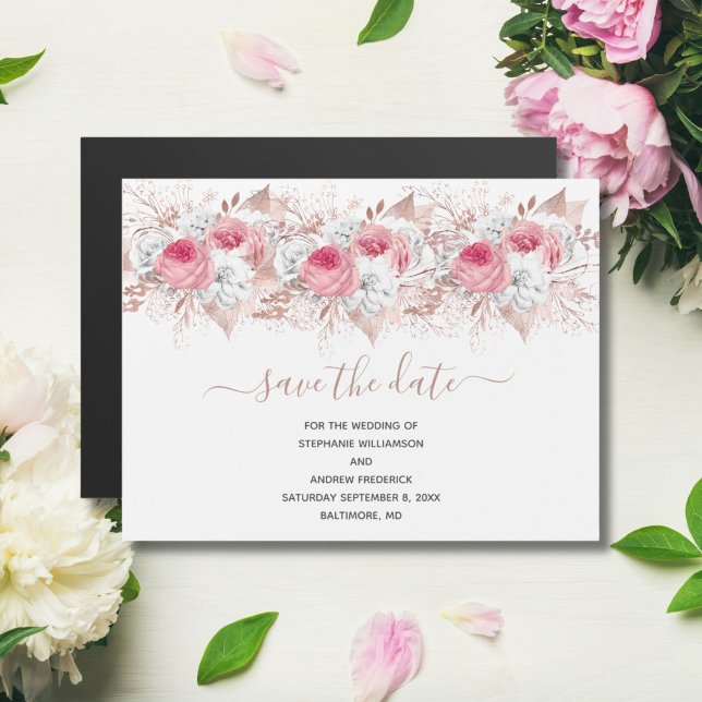 Pink White Rose Gold Wedding Save The Date Magnet (Creator Uploaded)