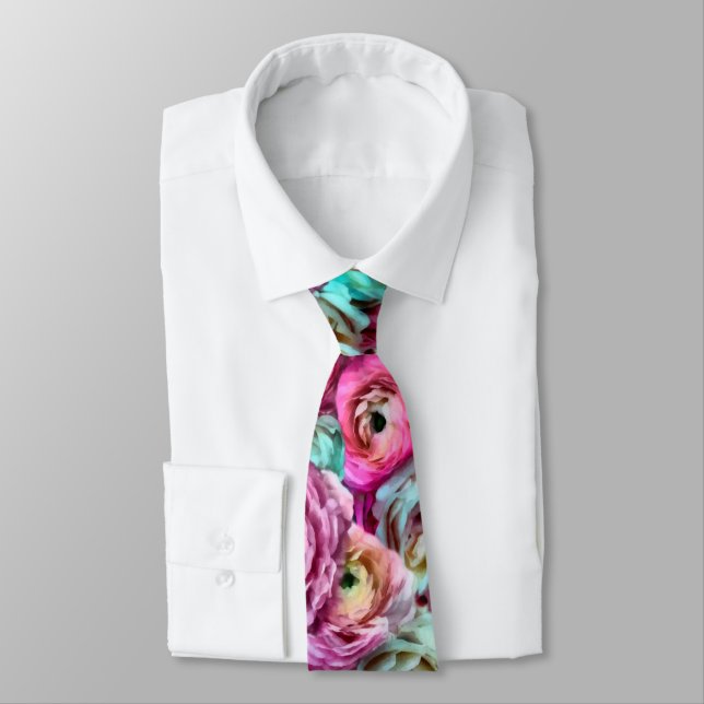Pink & White Rose & Peony Flowers  Neck Tie (Tied)