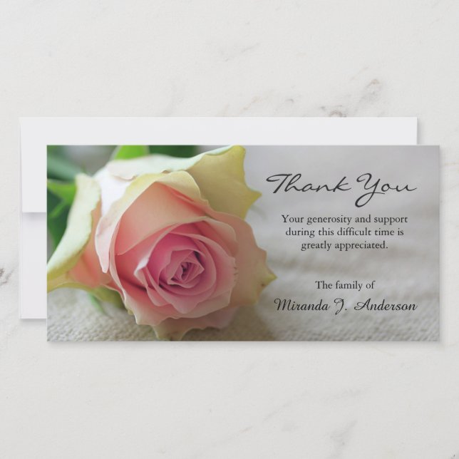 Pink white rose photo floral sympathy thank you card (Front)