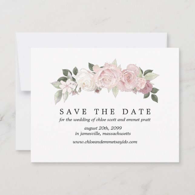 Pink White Rose Save the Date Card with Photo Back (Front)