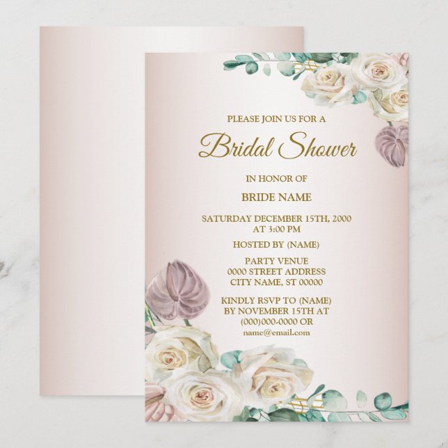 Pink White Rose Watercolor Greenery Bridal Shower Invitation (Front/Back)