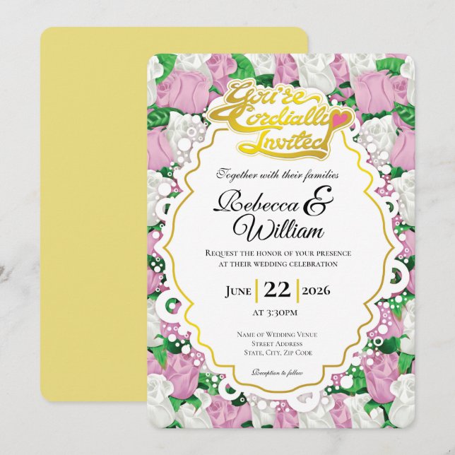 Pink & White Rose Wedding Invite - Gold Letters 1 (Front/Back)