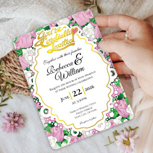 Pink & White Rose Wedding Invite - Gold Letters 2