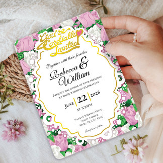 Pink & White Rose Wedding Invite - Gold Letters 2