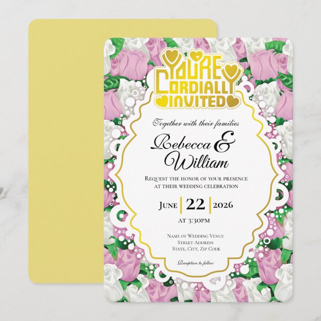 Pink & White Rose Wedding Invite - Gold Letters 3 (Front/Back)