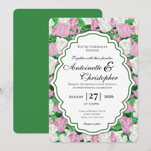 Pink &amp; White Rose Wedding Invite - Green Border