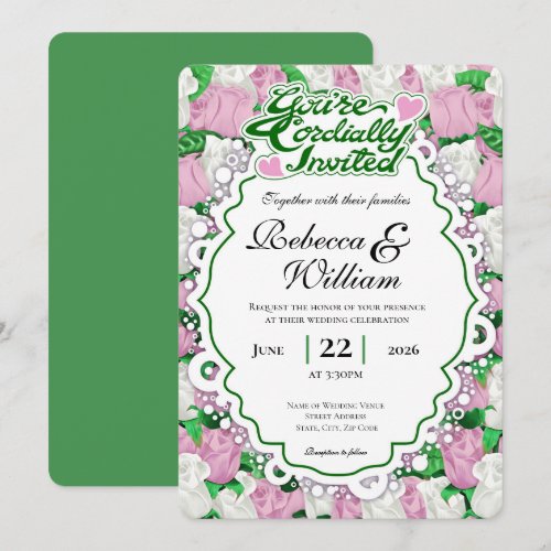 Pink &amp; White Rose Wedding Invite - Green Letters 1