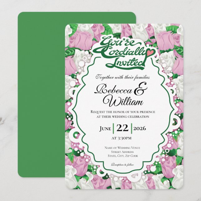 Pink & White Rose Wedding Invite - Green Letters 2 (Front/Back)