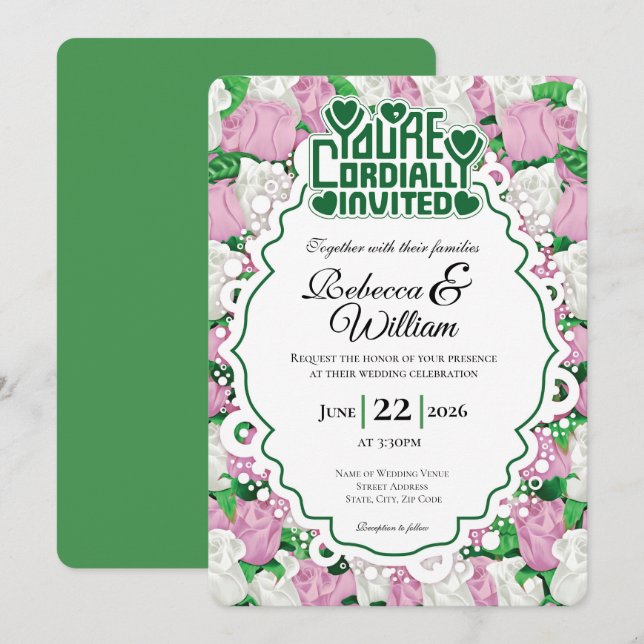 Pink & White Rose Wedding Invite - Green Letters 3 (Front/Back)