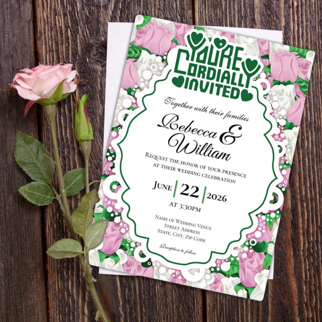 Pink & White Rose Wedding Invite - Green Letters 4 (Pink and White rose background with decorative border wedding invite design with green heading)
