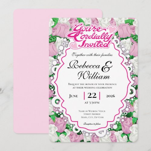 Pink &amp; White Rose Wedding Invite - Pink Letters 1