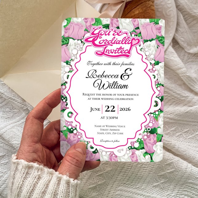 Pink & White Rose Wedding Invite - Pink Letters 1 (Pink and White rose background with decorative border wedding invite design with pink heading)