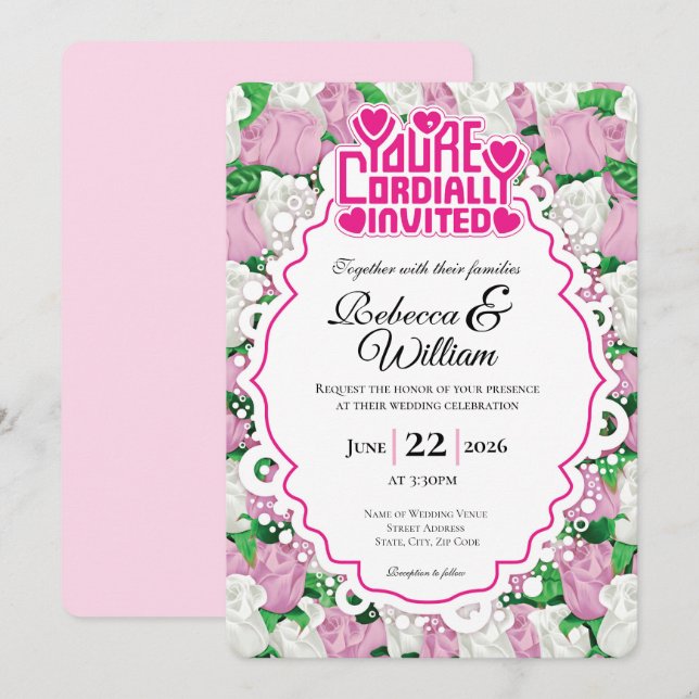 Pink & White Rose Wedding Invite - Pink Letters 3 (Front/Back)