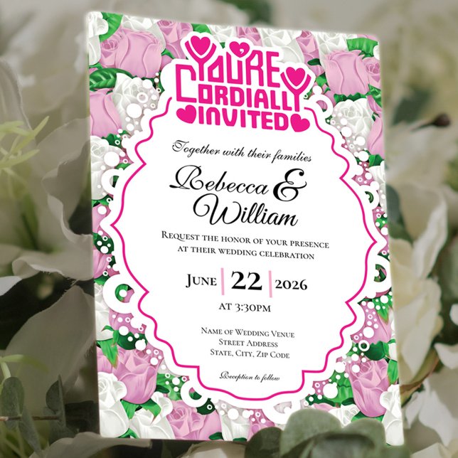 Pink & White Rose Wedding Invite - Pink Letters 4 (Pink and White rose background with decorative border wedding invite design with pink heading)