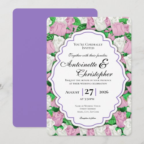 Pink &amp; White Rose Wedding Invite - Purple Border