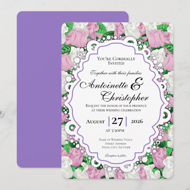 Pink & White Rose Wedding Invite - Purple Border (Front/Back)