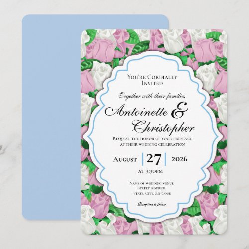 Pink &amp; White Rose Wedding Invite with Blue Border