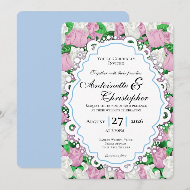 Pink & White Rose Wedding Invite with Blue Border (Front/Back)