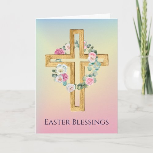 Pink White Rose Wreath Wooden Cross Easter Card