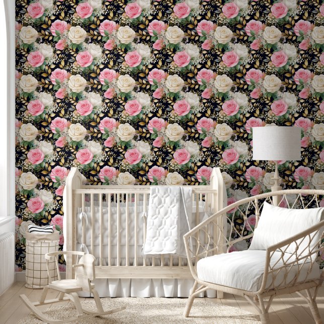Pink White Roses Babies Breath Gold on Black Wallpaper (Kids)